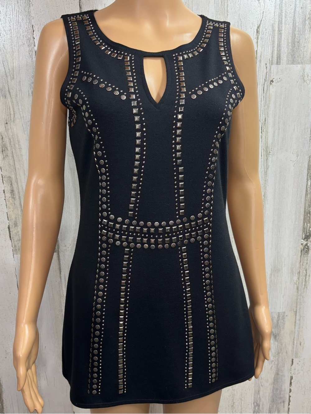 Cache Black Studded Sleeveless Mini Dress with Keyhole
